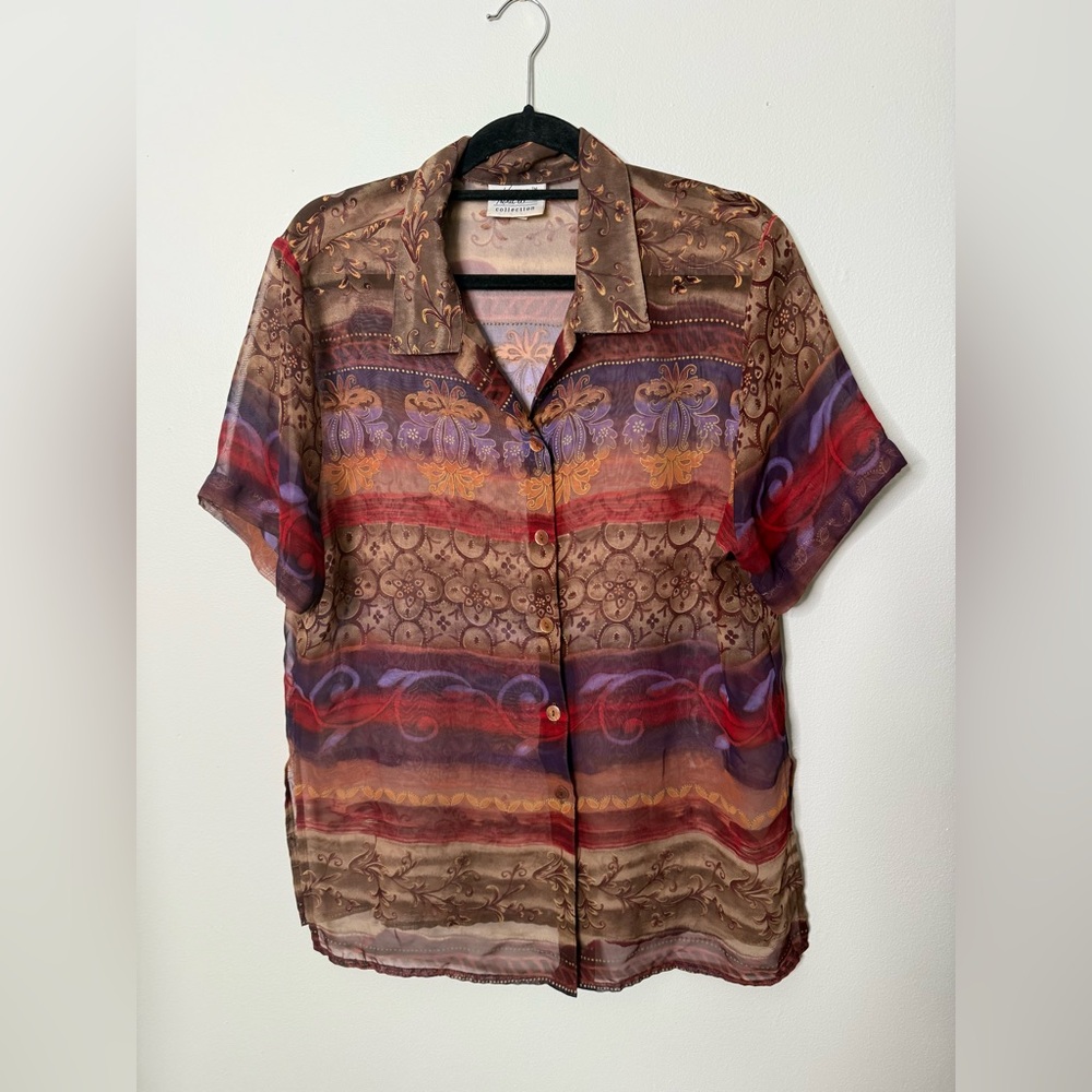 Vintage Brown and Red Mesh Patterned Button Down Shirt